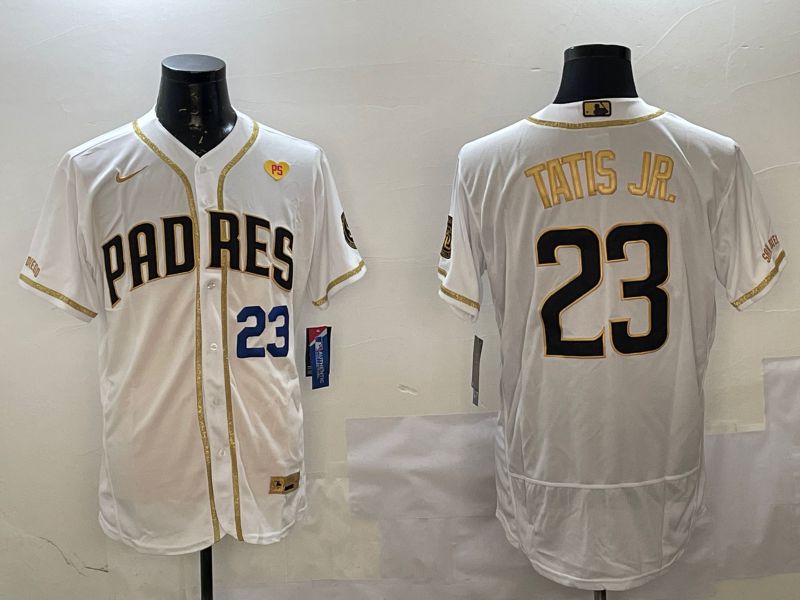 Men San Diego Padres #23 Tatis jr White Gold Elite 2025 Nike MLB Jersey style 7